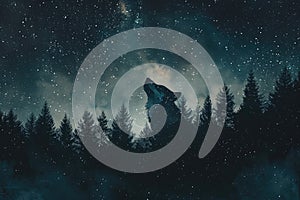 A wolf overlaid with the silhouette of a dense forest under a starry night sky in a double exposure