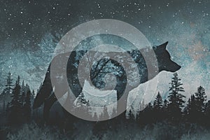 A wolf overlaid with the silhouette of a dense forest under a starry night sky in a double exposure