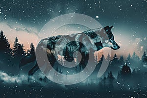 A wolf overlaid with the silhouette of a dense forest under a starry night sky in a double exposure