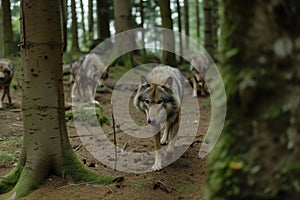 wolf pack roaming, forest floor and trees in view