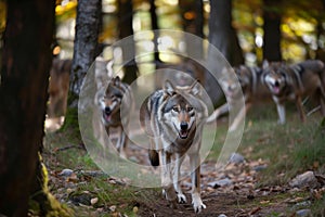 wolf pack roaming, forest floor and trees in view