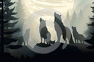 wolf pack stand howl to full moon night lansdscape photo