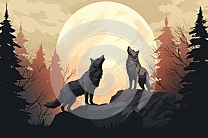 wolf pack stand howl to full moon night lansdscape photo