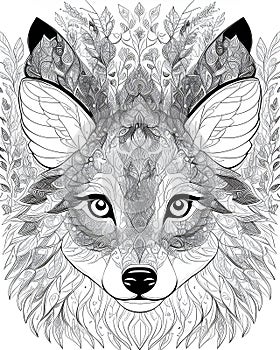 A wolf with a pattern of leaves on it and the word wolf on it.