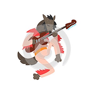 Wolf playing electric guitar, cartoon animal character with musical instrument vector Illustration on a white background