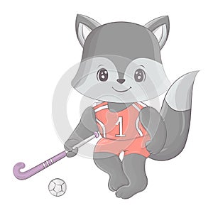 Wolf playing field hockey. Vector illustration of a cute athlete animal. Cute little illustration of wolf for kids, baby