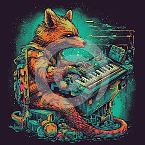 A wolf playing piano colorful vinatge generative AI
