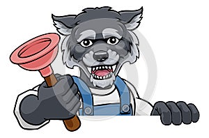 Wolf Plumber Cartoon Mascot Holding Plunger