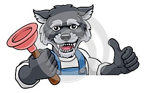 Wolf Plumber Cartoon Mascot Holding Plunger