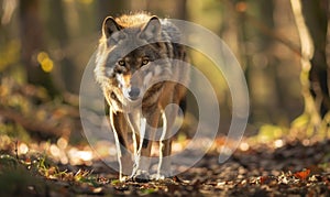 Wolf prowling through the forest