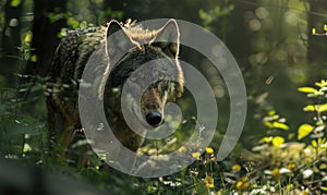 Wolf prowling through the forest