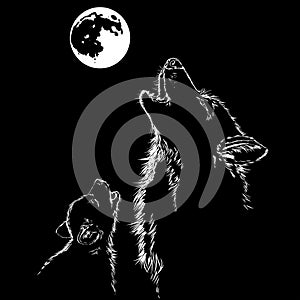 Wolf and puppy howling at the moon. Black and white drawing