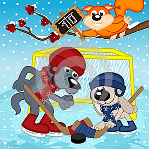 Wolf rabbit play hockey