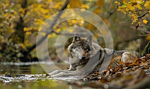 Wolf resting by a stream, autumn forest