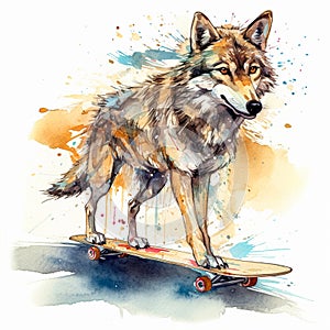 Wolf riding a skateboard watercolor