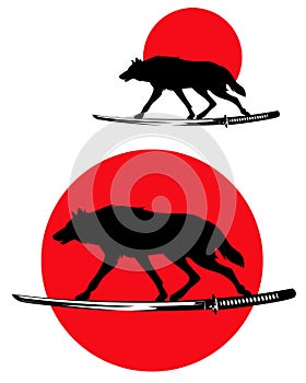 Japanese bushido warrior wolf and katana sword with red sun vector design set photo