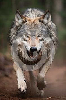 Wolf running snarling with teeth. Generative AI