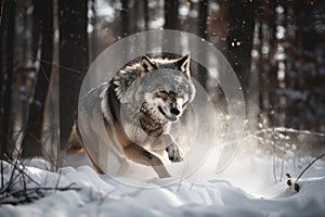 wolf running through snow-covered forest, its breath visible with each exhale