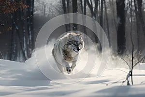 wolf running through snow-covered forest, its fur ruffled by the wind