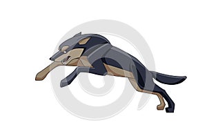 Wolf runs after its prey. Cartoon character of a dangerous mammal animal. A wild forest creature with black fur. Side