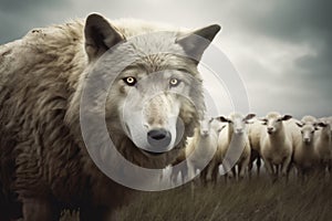 A wolf in sheep\'s clothing amidst a flock of unsuspecting sheep, symbolizing deception and disguise