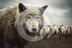 A wolf in sheep's clothing amidst a flock of unsuspecting sheep, symbolizing deception and disguise