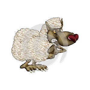 Wolf in sheep`s clothing. Cartoon illustration on a white background