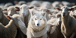 Wolf In Sheep's Clothing. One Wolf Hidden In Sheep Flock. Predator Among Sheep Herd. Generative AI