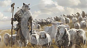 wolf in sheep\'s clothing shepherd\'s staff among a flock of sheep in a pasture