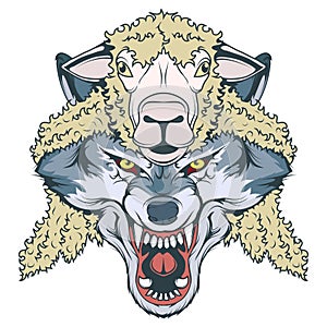 Wolf in sheep`s clothing, wolf mascot. vector graphic