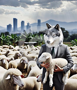 wolf into a sheep skin, wolf in a suit holding a lamb from the flock, city skyline in the background