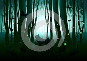 Wolf silhouette in dark fantasy forest