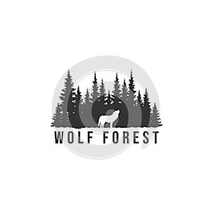 Wolf silhouette and pine forest logo. vector illustration