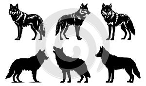 Wolf silhouettes. Isolated wolfs emblems graphics, wolves wildlife simple black vector illustrations