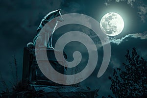 A wolf is sitting on a stone in the dark with the moon, Generative AI