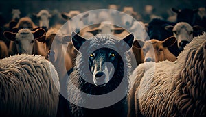 A wolf in the skin of a sheep among sheep. Generative AI