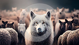 A wolf in the skin of a sheep among sheep. Generative AI