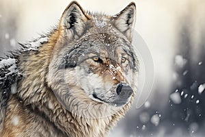 A wolf in the snow with a neutral background, showcasing details of the wolf\'s fur and face, and