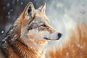 A wolf in the snow with a neutral background, showcasing details of the wolf\'s fur and face,