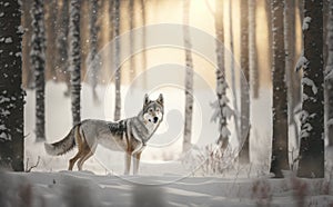 A wolf in the snowy wilderness staring the prey in North America, generative AI