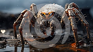 Wolf spider standing in puddle of water. Spider\'s eight legs spread out wide, its body raised slightly off surface of water.