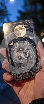 Wolf spirit oracle card, moonlit night, held in hand, guidance message, magical illustration , high resolution DSLR