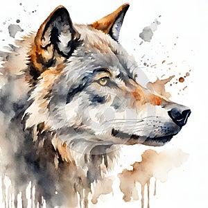 Wolf on splashed paint white background, watercolor illustration.