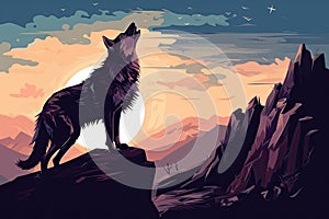 wolf stand on a cliff at full moon night lansdscape