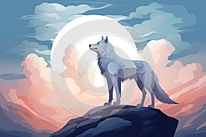 wolf stand on a cliff at full moon night lansdscape