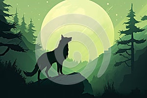 wolf stand on a cliff at full moon night lansdscape