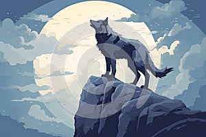 wolf stand on a cliff at full moon night lansdscape AI generated