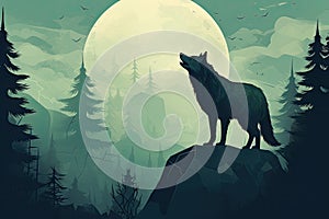 wolf stand on a cliff at full moon night lansdscape AI generated photo