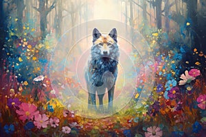 wolf standing amidst a forest filled with vibrant flowers and magical elements