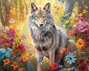 wolf standing amidst a forest filled with vibrant flowers and magical elements